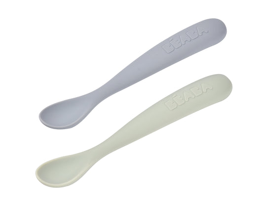 Beaba - 1st Age Silicone Spoons + Case | Nature | Set of 2 | 4m+