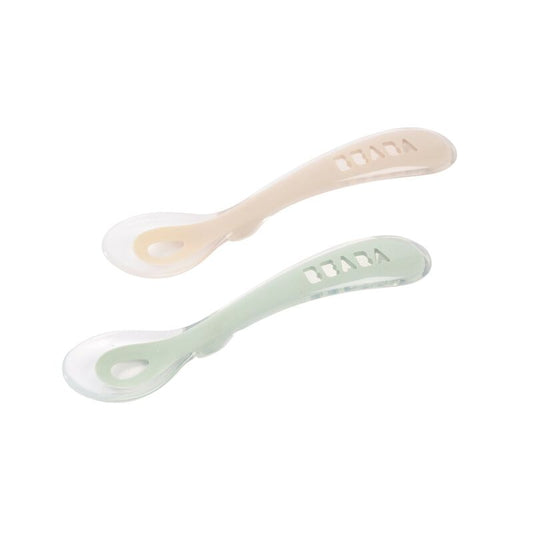 Beaba - 2nd Age Silicone Spoons + Case | Clay - Misty Green | Set of 2 | 8m+