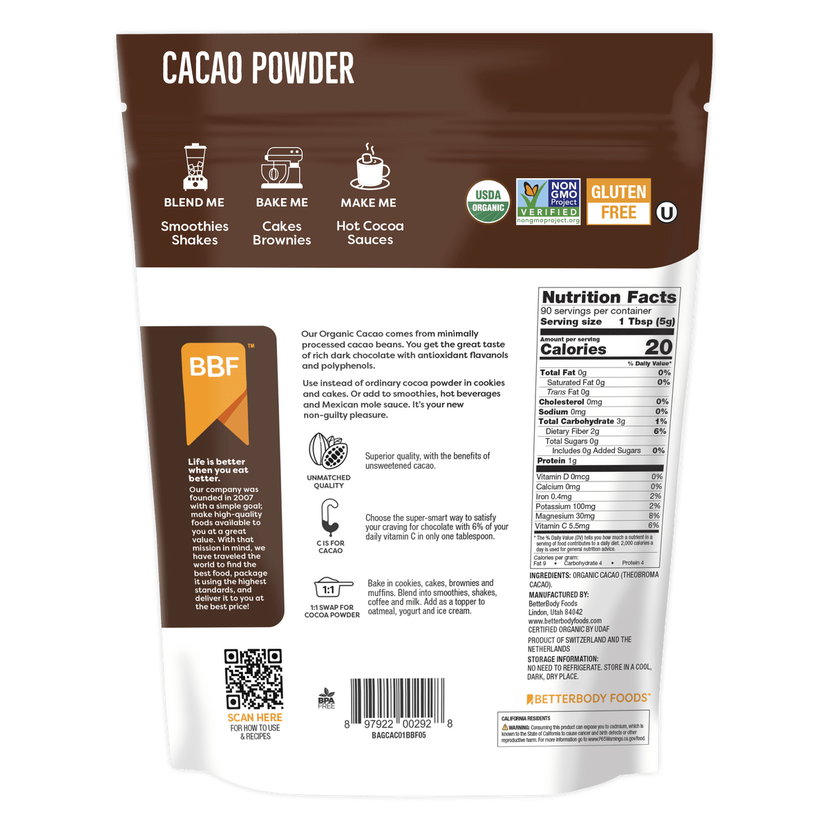 BetterBody Foods Organic Cacao Powder back of pack
