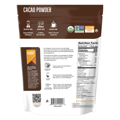 BetterBody Foods Organic Cacao Powder back of pack