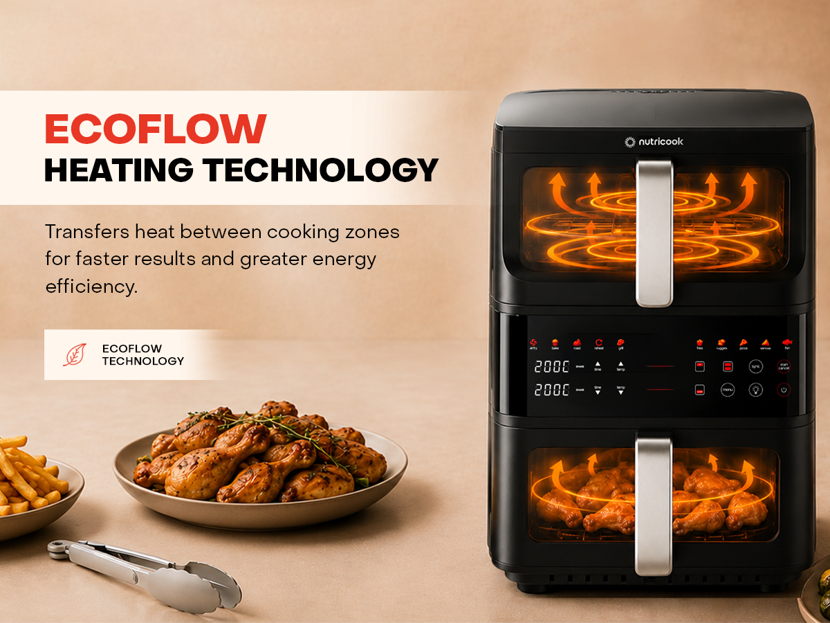Nutricook - قلاية هوائية ديو ستاك | 10 لتر | 2500 واط Nutricook - قلاية هوائية ديو ستاك | 10 لتر | 2500 واط