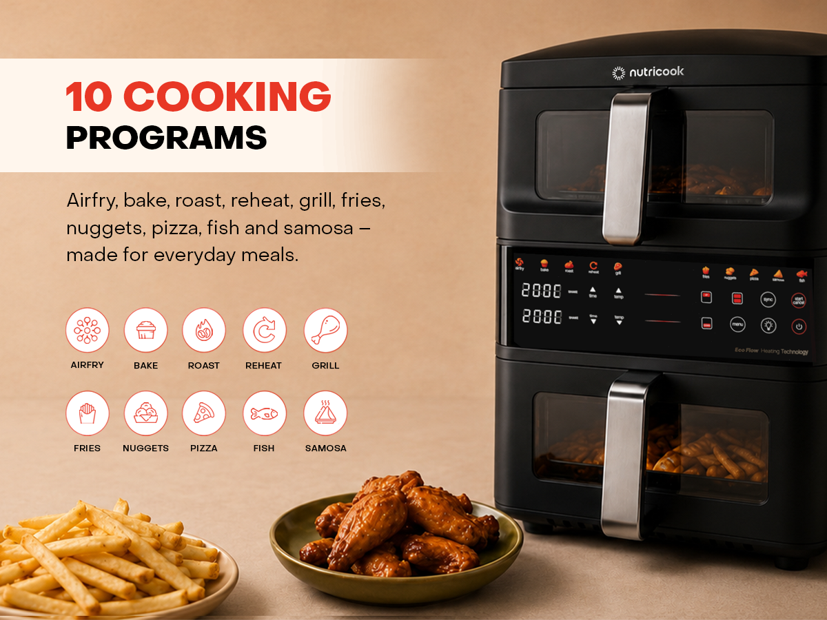 Nutricook - قلاية هوائية ديو ستاك | 10 لتر | 2500 واط Nutricook - قلاية هوائية ديو ستاك | 10 لتر | 2500 واط