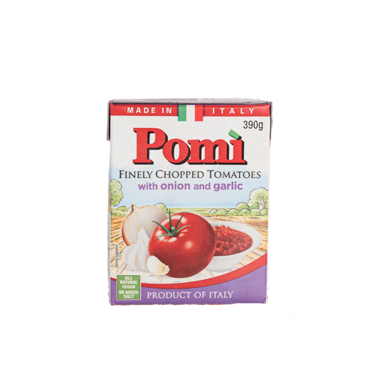 Pomi Finely Chopped Tomato with Onion and Garlic 390g carton — BambiniJO Jordan