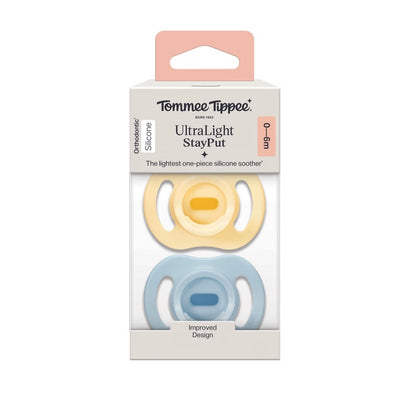 Tommee Tippee - Baby Ultralight StayPut Silicone Pacifier | Yellow & Blue | 0-6m | 2 Pack