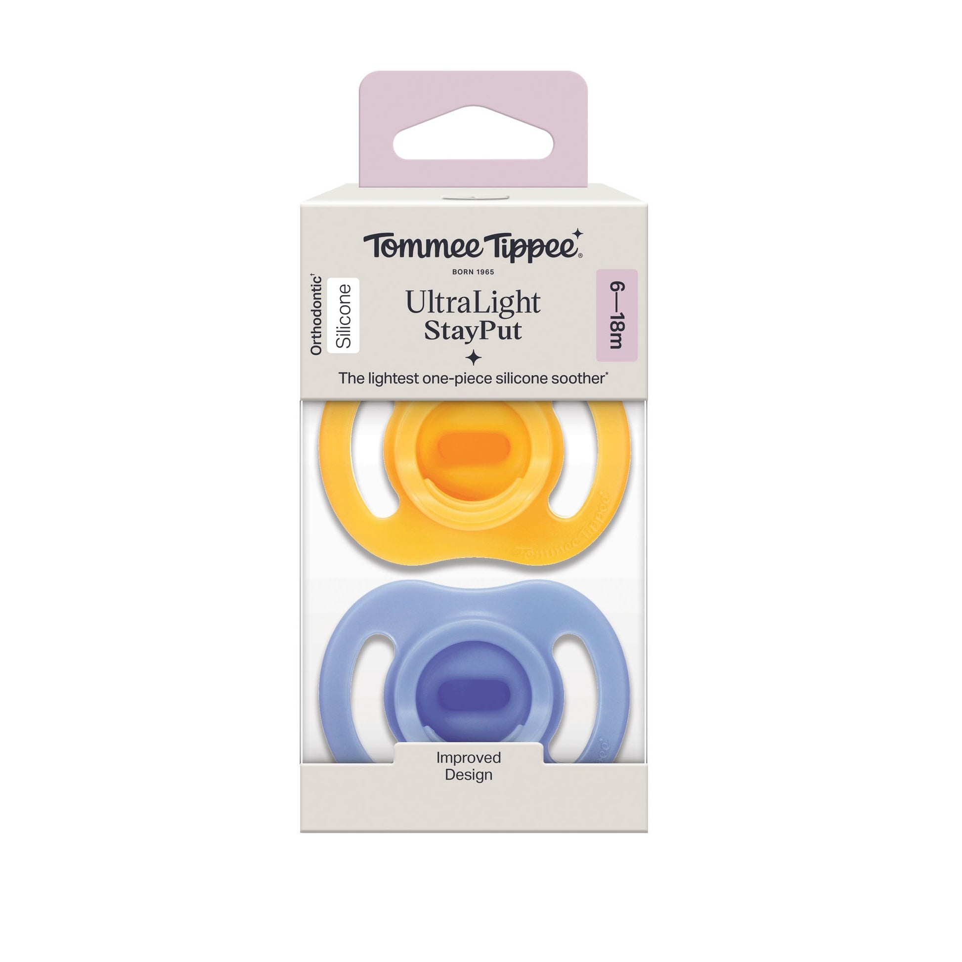 Tommee Tippee - Baby Ultralight StayPut Silicone Pacifier | Yellow & Blue | 6-18m | 2 Pack Tommee Tippee - Baby Ultralight StayPut Silicone Pacifier | Yellow & Blue | 6-18m | 2 Pack
