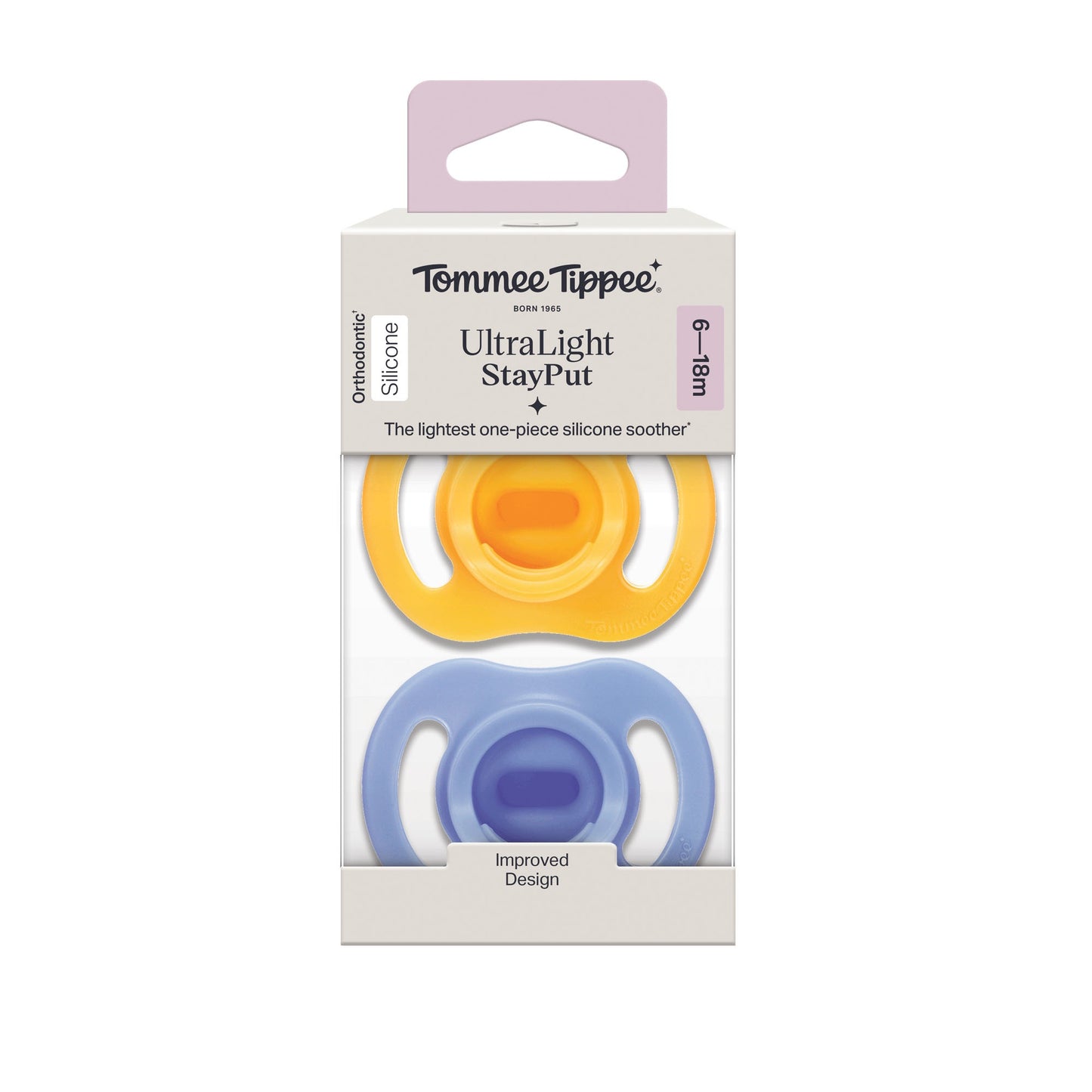 Tommee Tippee - Baby Ultralight StayPut Silicone Pacifier | Yellow & Blue | 6-18m | 2 Pack