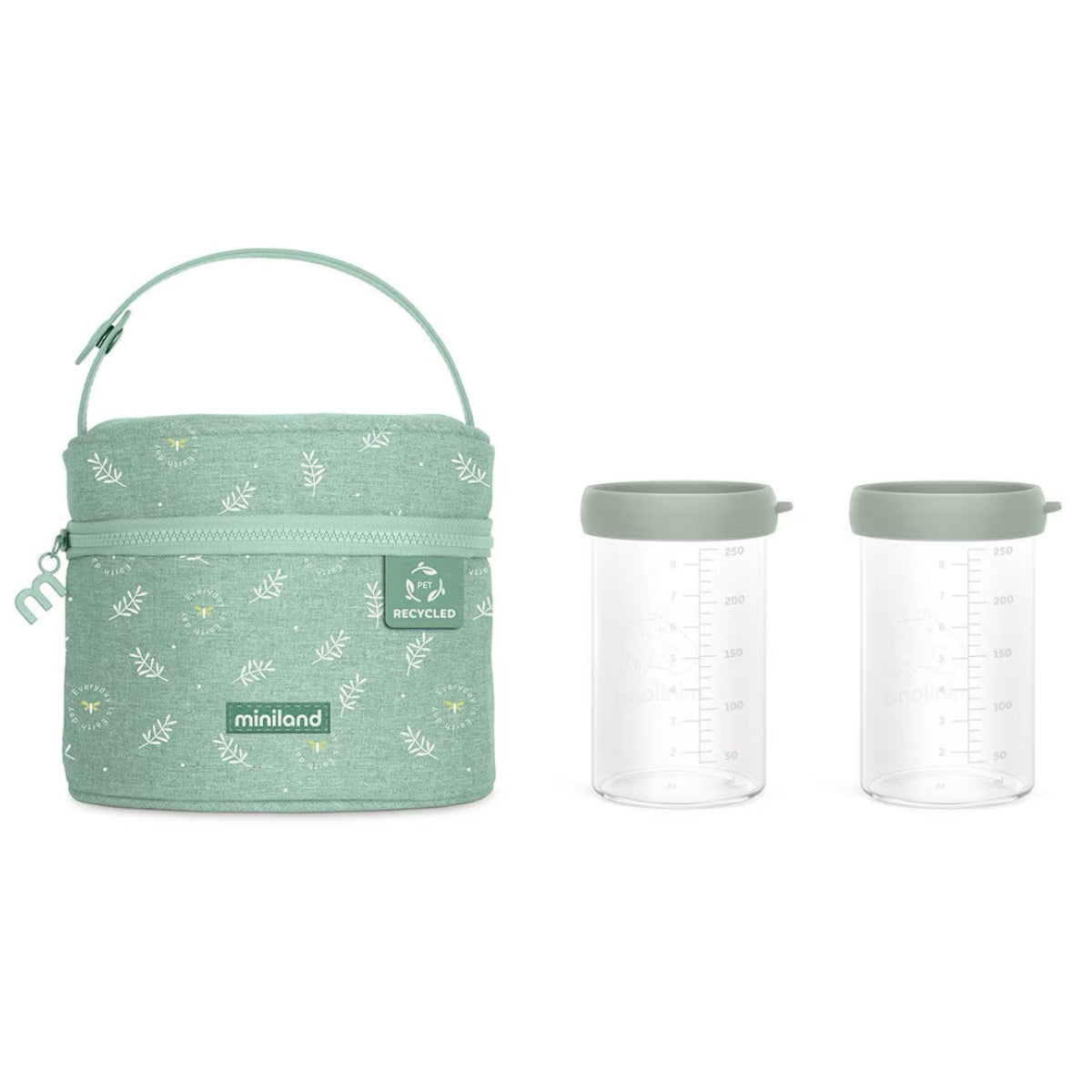 Green patterned bag with two matching containers on a white background