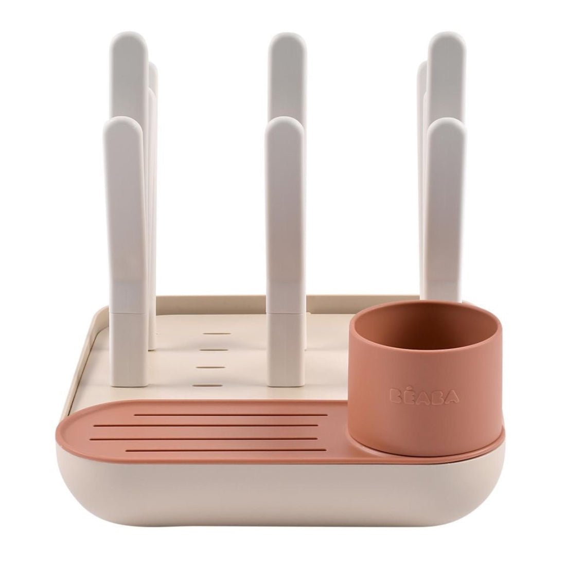 Dish drying rack with cup holder and utensil holders on a white background