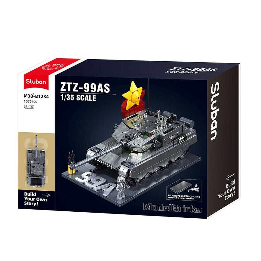 Sluban - ModelBricks 1/35 ZTZ-99AS Tank Metal Coating Version | 1079Pcs | 6Y+ Sluban - ModelBricks 1/35 ZTZ-99AS Tank Metal Coating Version | 1079Pcs | 6Y+