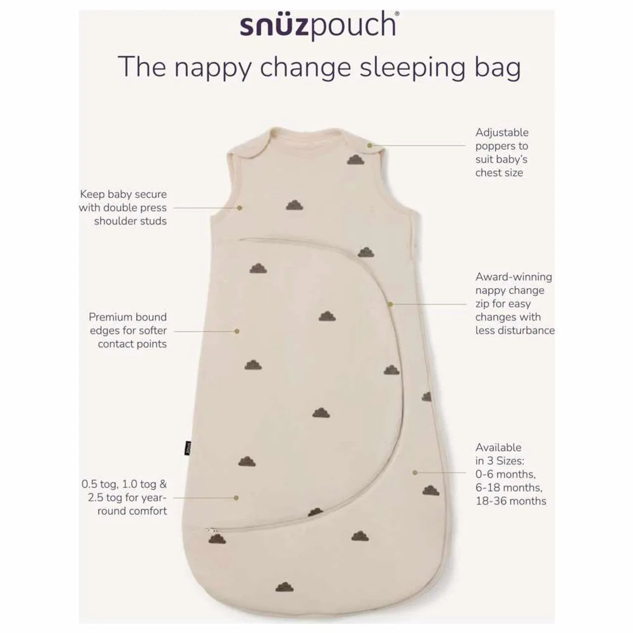 Snuz - Pouch 0.5 Tog Sleeping Bag | Grey/Cloud | 0-6M