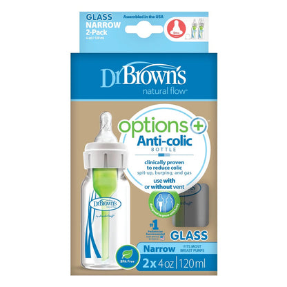 Dr. Brown's - GLASS Narrow-Neck Options+ Bottle | 120ml | Level 1 Nipple | Double Pack