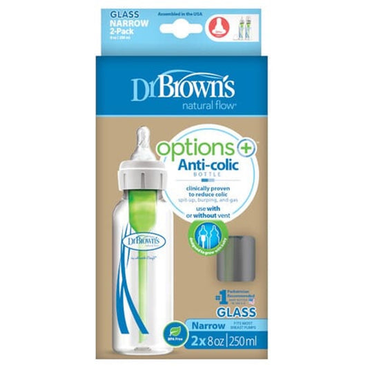 Dr. Brown's - GLASS Narrow-Neck Options+ Bottle | 250ml | Level 1 Nipple | Double Pack