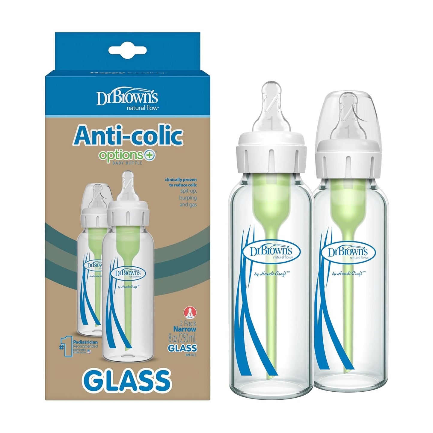 Dr. Brown's - GLASS Narrow-Neck Options+ Bottle | 250ml | Level 1 Nipple | Double Pack