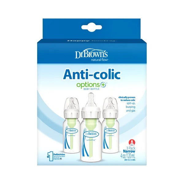 Dr. Brown's - Narrow-Neck Natural Flow Anti-Colic Options + Bottle | 120ml | Level 1 Nipple | 3 Pack