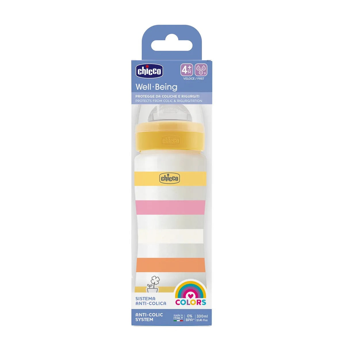 Chicco - Well Being Anti-Colic Bottle | Fast Flow | 330 ml | Yellow Chicco - Well Being Anti-Colic Bottle | Fast Flow | 330 ml | Yellow