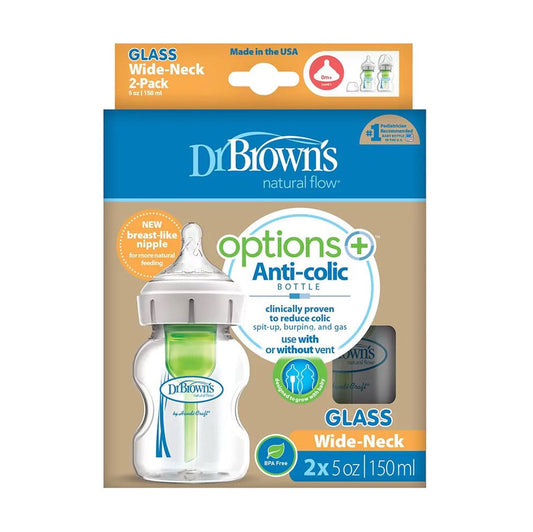 Dr. Brown's - GLASS Wide-Neck Options+ Bottle | 150ml | Level 1 Nipple | Double Pack