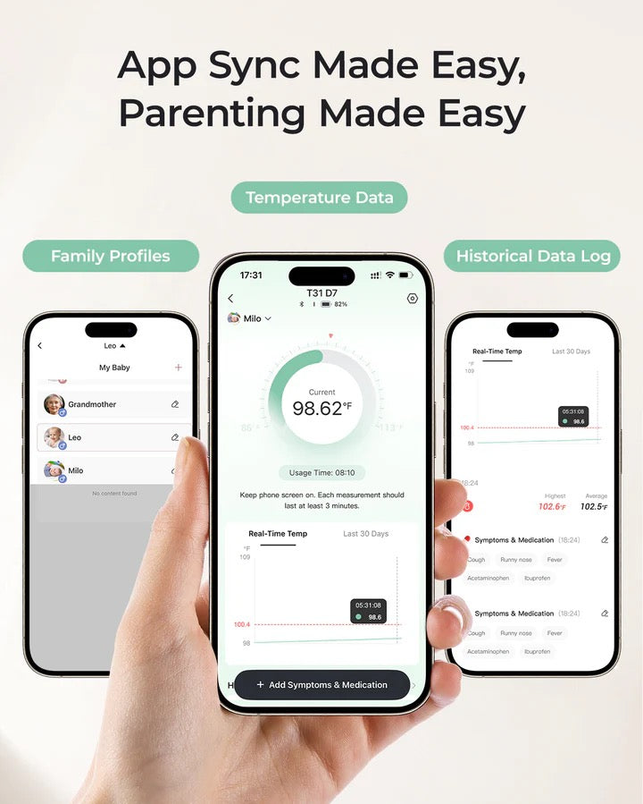 مومكوزي - ميزان حرارة ذكي للأطفال يُرتدى على الجسم | دقة طبية ومراقبة فورية عبر التطبيق