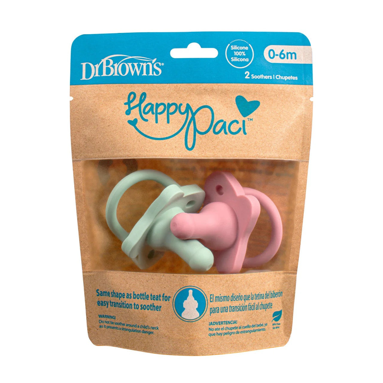 Dr. Brown's - HappyPaci Silicone Soother | 0-6m | Pink and Green | 2 Pack Dr. Brown's - HappyPaci Silicone Soother | 0-6m | Pink and Green | 2 Pack