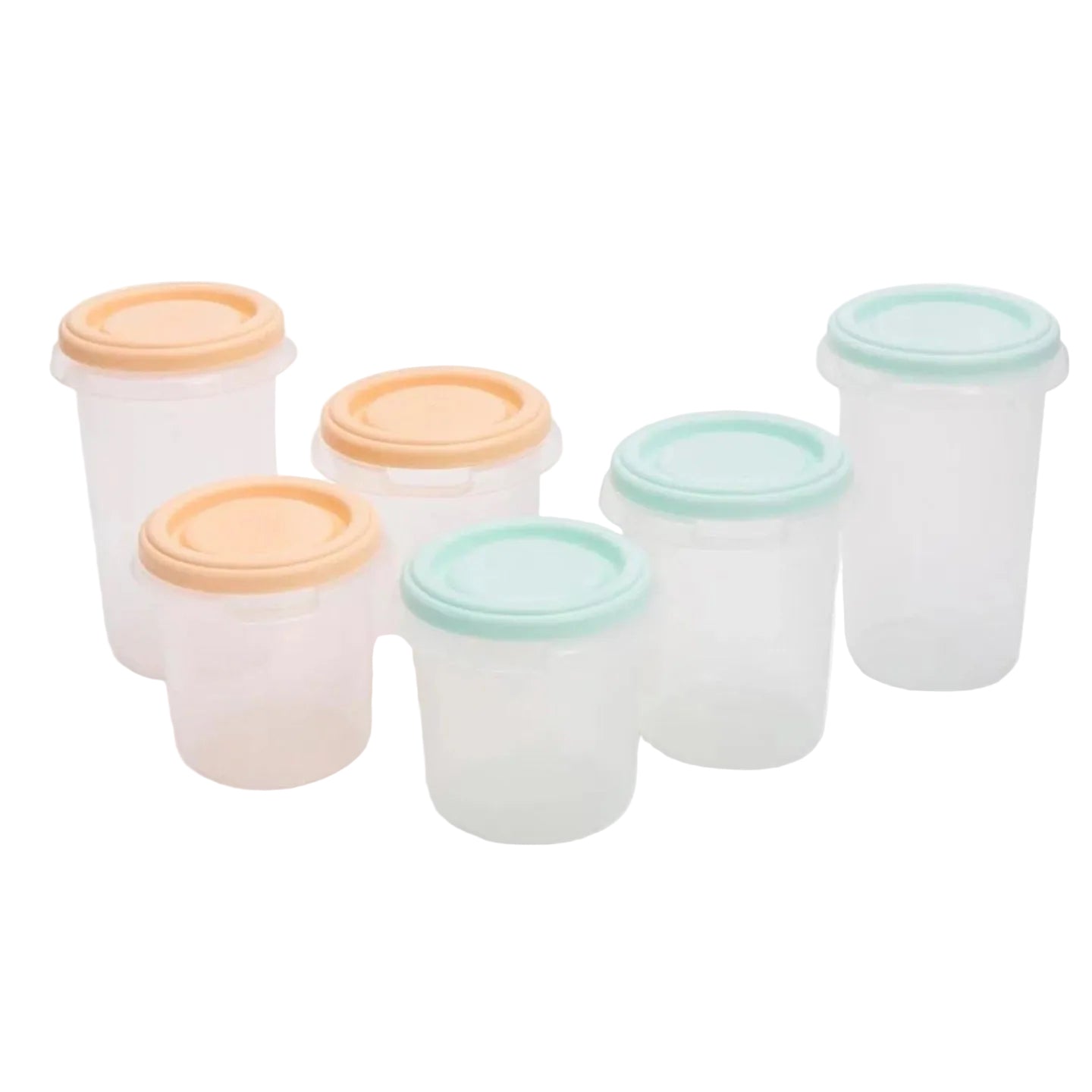 Set of six storage containers with colorful lids on a white background