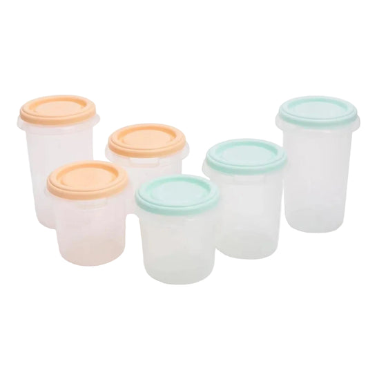 Set of six storage containers with colorful lids on a white background