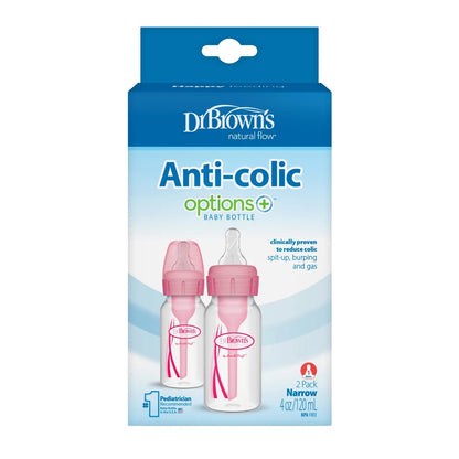 Dr. Brown's - Narrow-Neck Natural Flow Anti-Colic Options + Bottle | 120ml | Level 1 Nipple | Pink | Double Pack