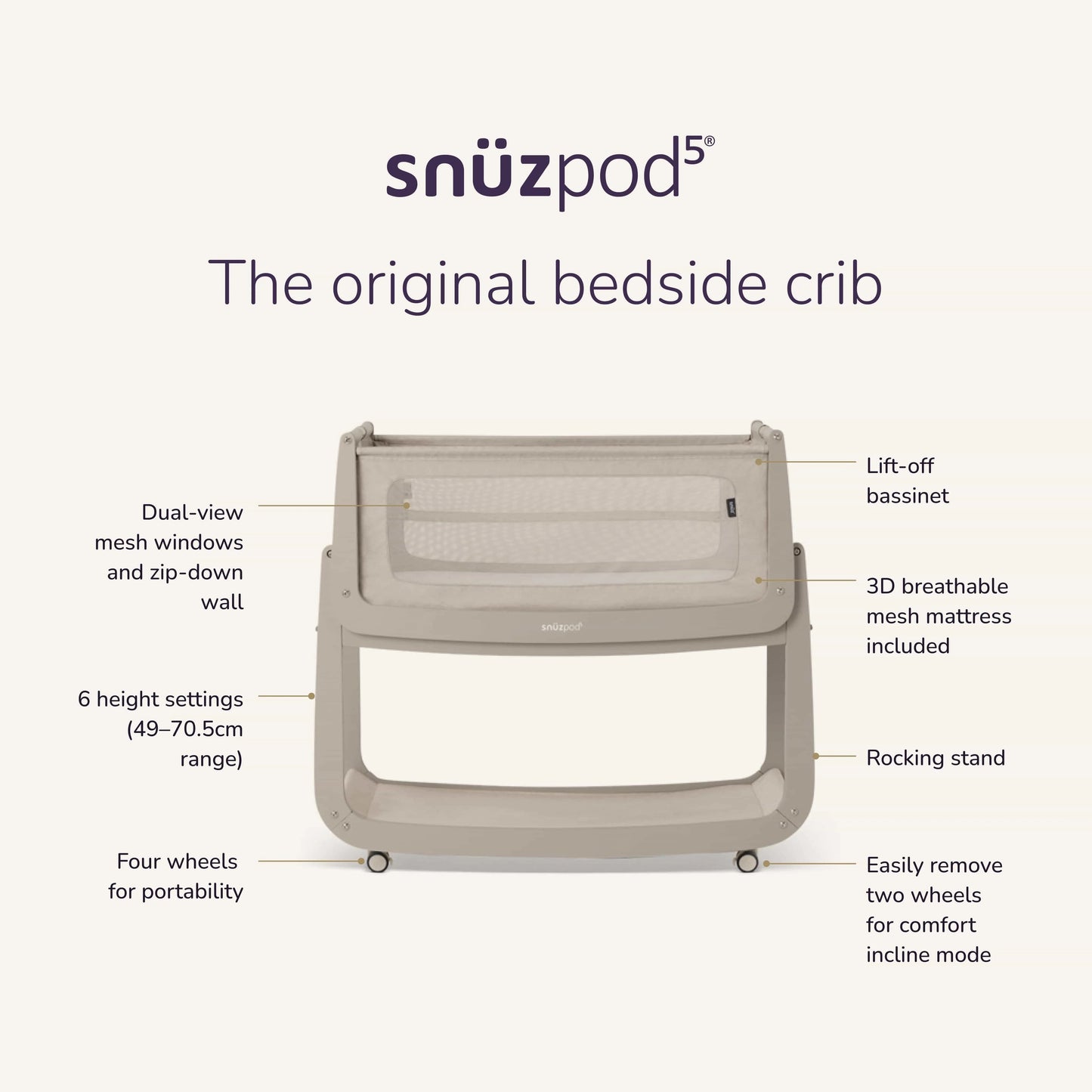Snuz - SnuzPod5 Bedside Crib | Pebble