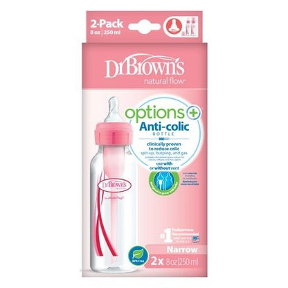 Dr. Brown's - Narrow-Neck Natural Flow Anti-Colic Options + Bottle | 250ml | Level 1 Nipple | Pink | Double Pack