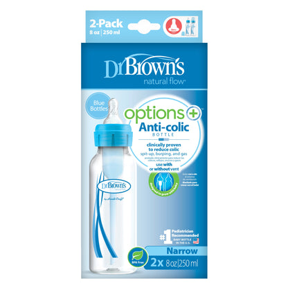 Dr. Brown's - Narrow-Neck Natural Flow Anti-Colic Options + Bottle | 250ml | Level 1 Nipple | Blue | Double Pack