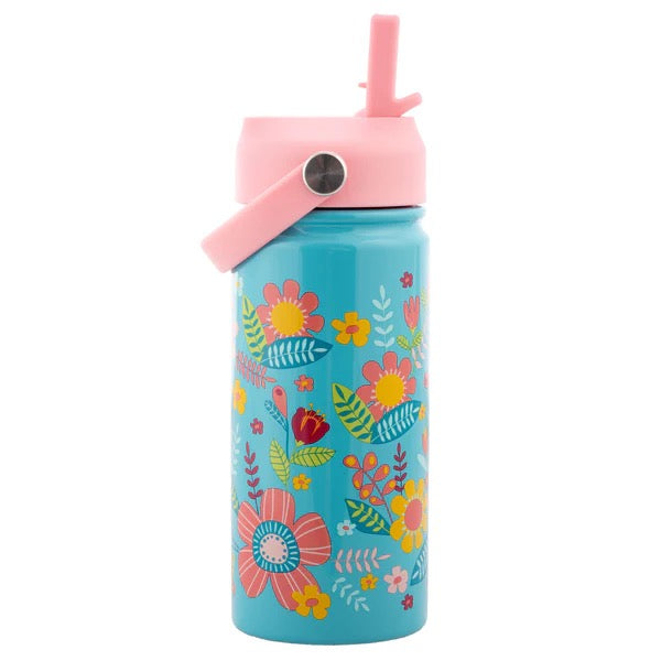 Stephen Joseph - Insulated Stainless Steel Bottle With Handle | 415ml | Turquoise Floral Stephen Joseph - Insulated Stainless Steel Bottle With Handle | 415ml | Turquoise Floral