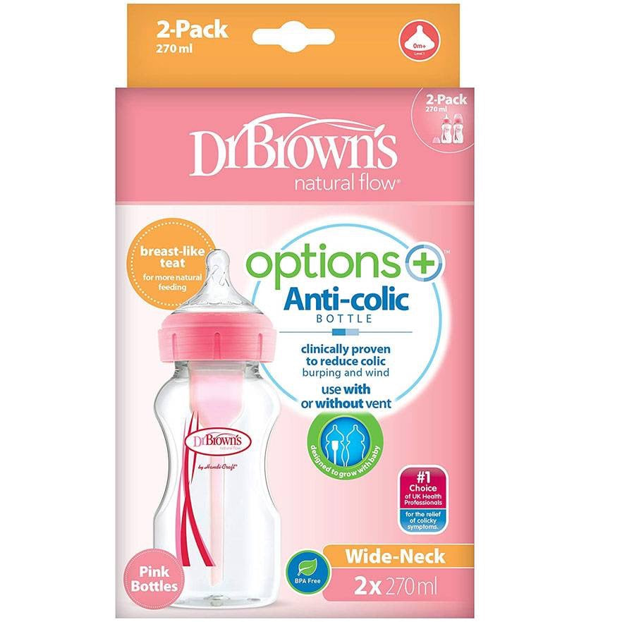 Dr. Brown's - Wide-Neck Options+ Bottle | 270ml | Level 1 Nipple | Pink | Double Pack