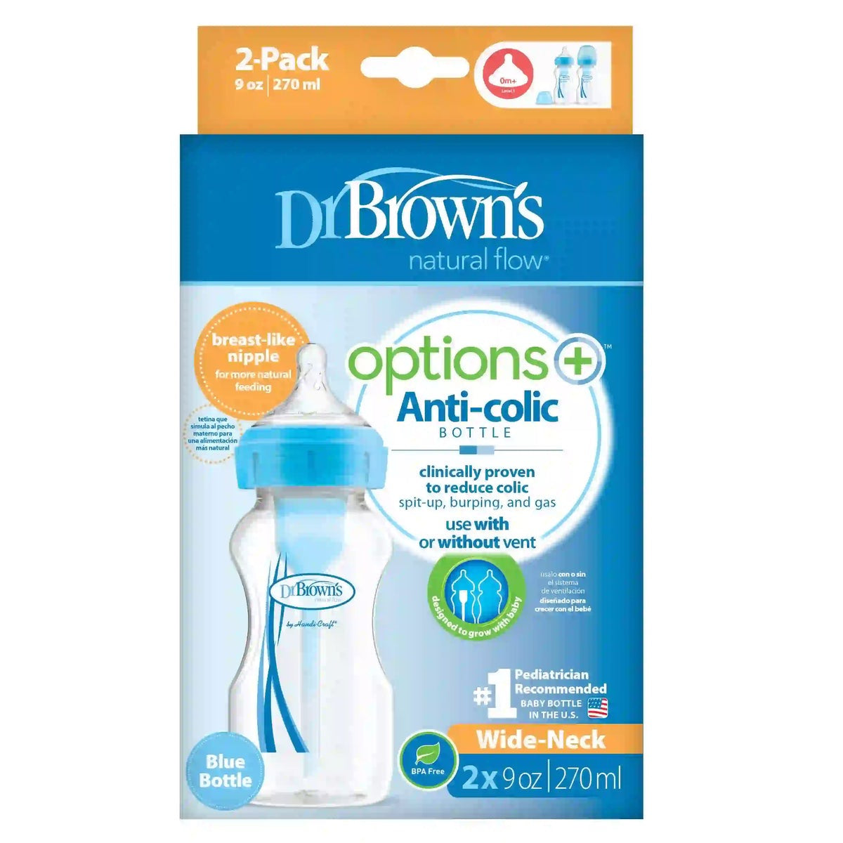Dr. Brown's - Wide-Neck Options+ Bottle | 270ml | Level 1 Nipple | Blue | Double Pack