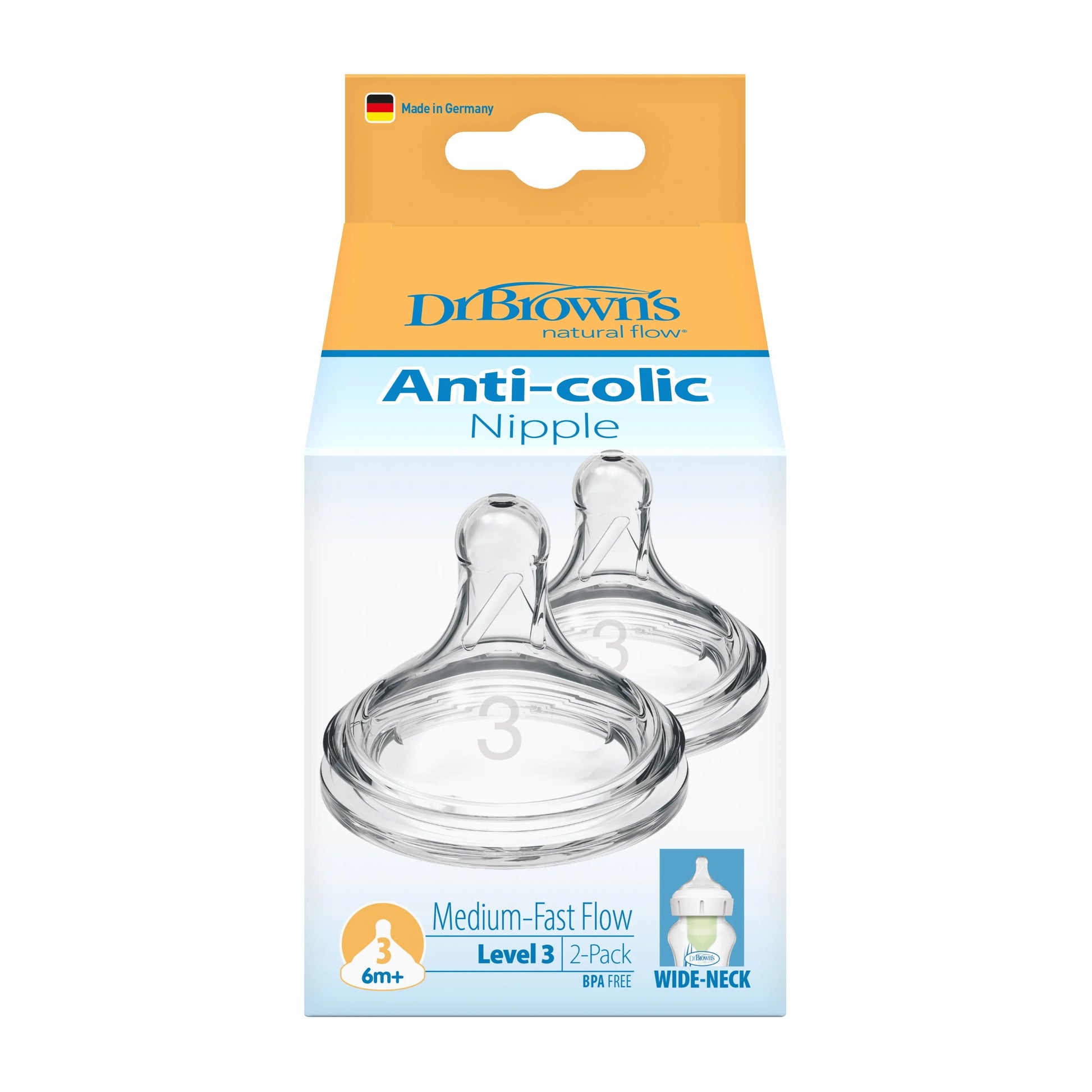 Dr Brown's - Level 3 | Wide Neck Nipple | 6m+ | 2 Pack Dr Brown's - Level 3 | Wide Neck Nipple | 6m+ | 2 Pack
