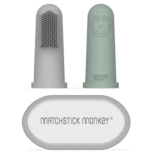 Matchstick Monkey - Silicone Finger Toothbrush Set + Case | Grey & Mint
