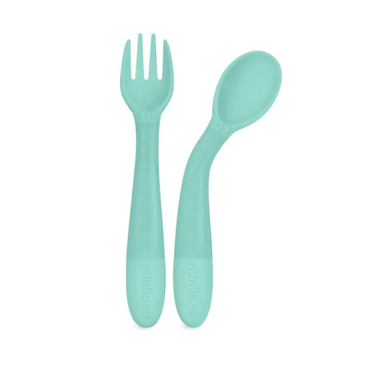 Mint green fork and spoon set on a white background