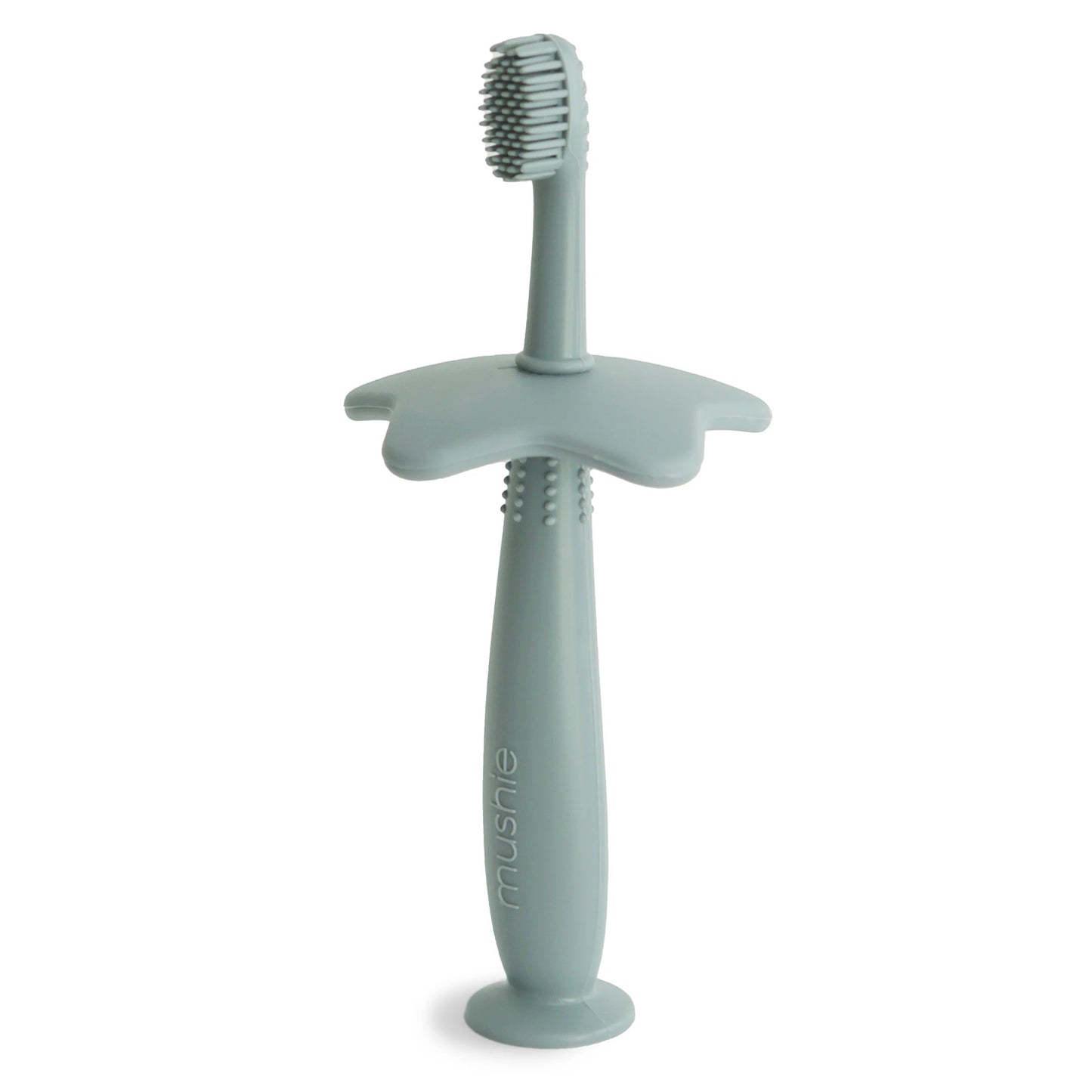 Gray children's toothbrush on a white background