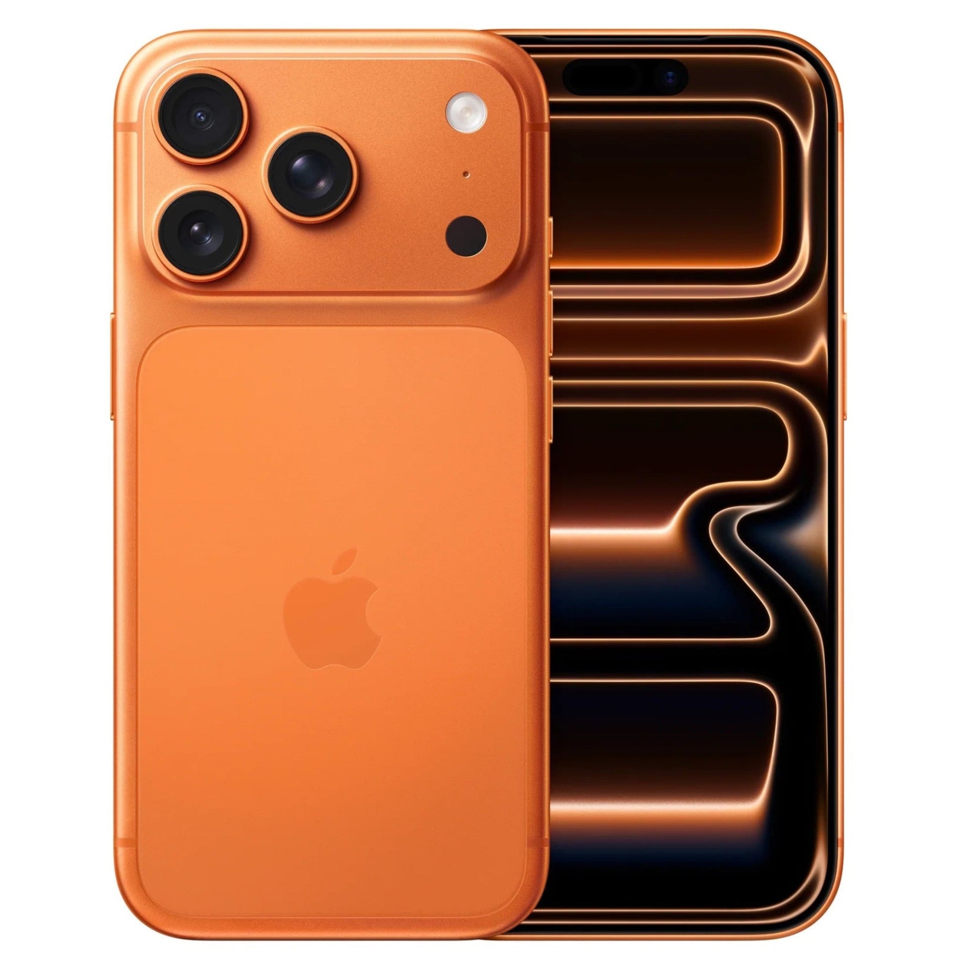 Orange smartphone showing back and front views on a white background