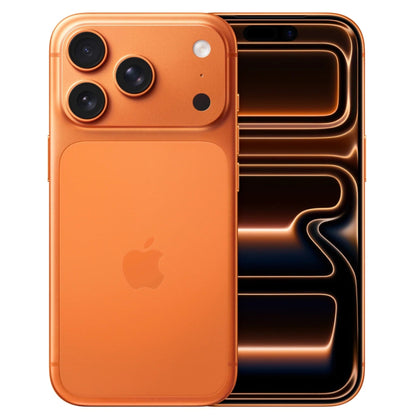 Orange smartphone showing back and front views on a white background