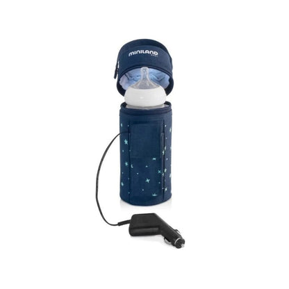 Navy blue baby bottle warmer with 'miniland' branding on a white background
