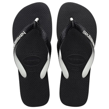 Black flip-flops with white soles and visible brand logo on a white background