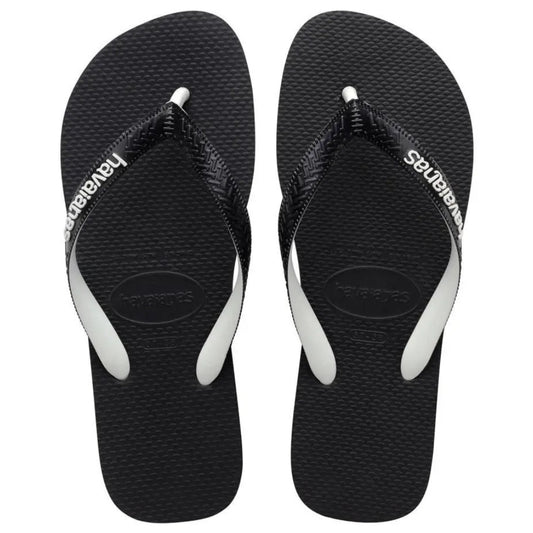 Black flip-flops with white soles and visible brand logo on a white background