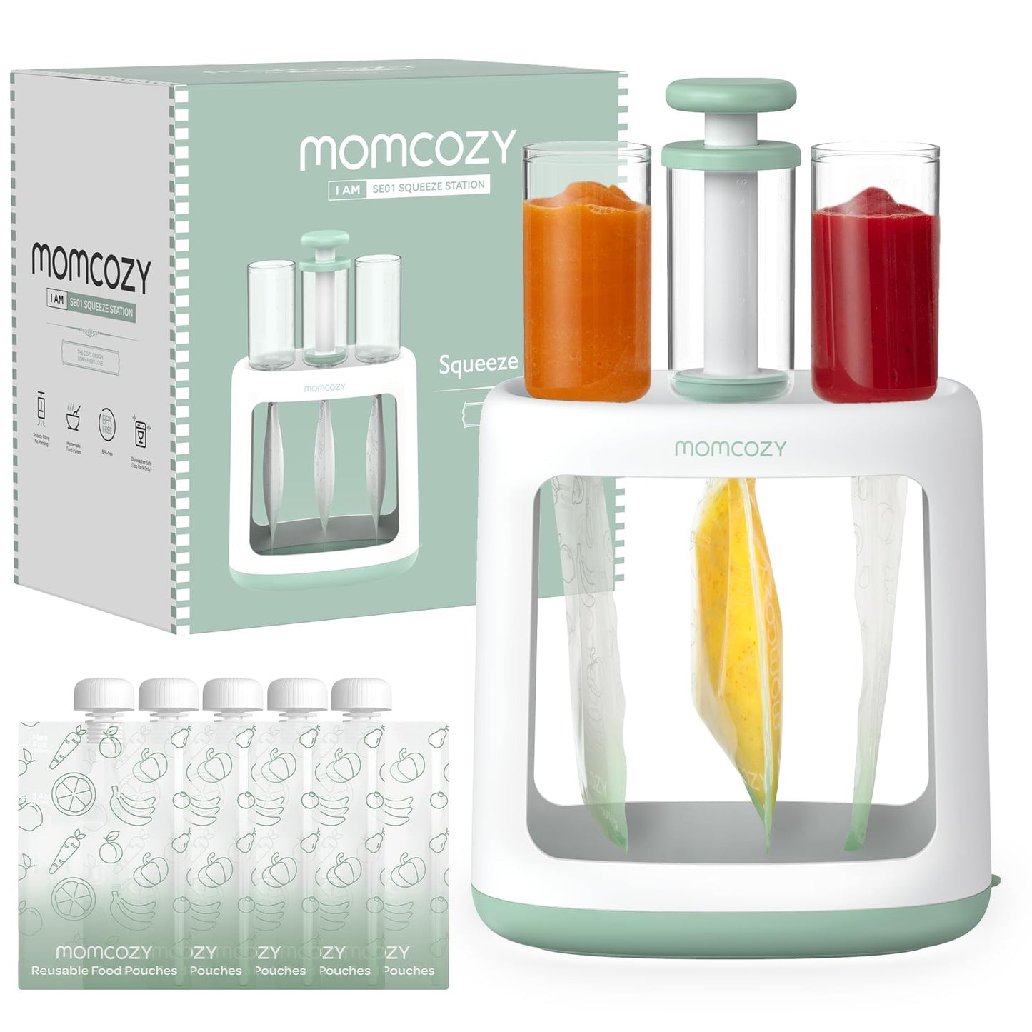 Momcozy - Squeeze Station Baby Food Maker + 5 Reusable Pouches