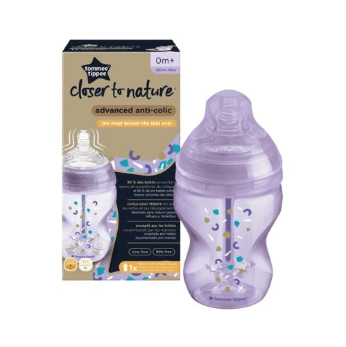 Tommee Tippee Advanced Anti Colic Decorated Bottle Heat Sensing, 260ml, Purple
