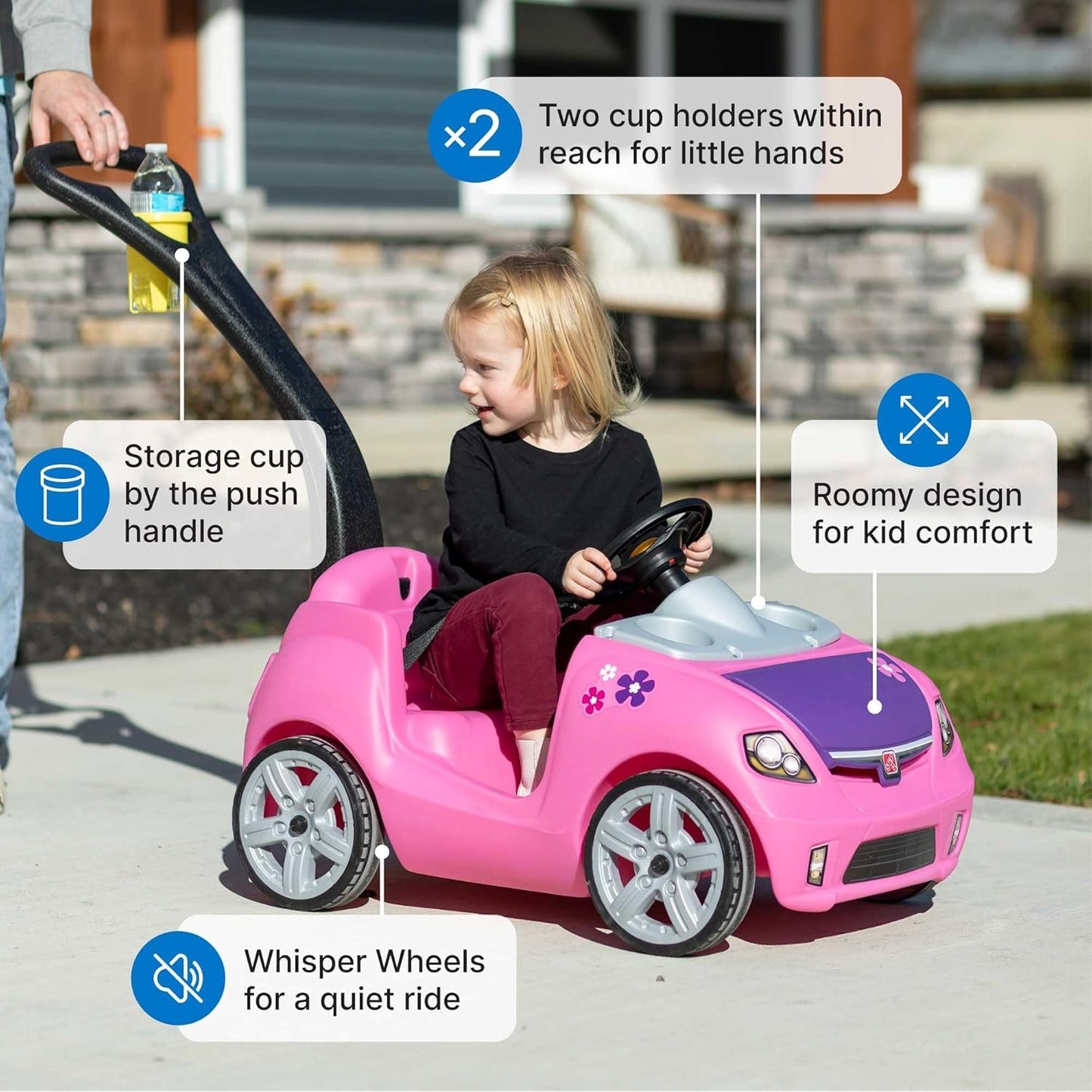 Step2 - Whisper Ride II Kids Push Car | Quick Fold Handle | Pink