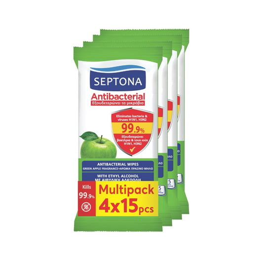Septona Antibacterial Wipes GREEN APPLE 15pcs | 4 Pack