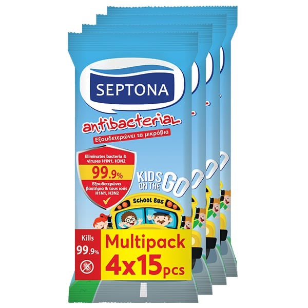 Septona Kids on the go Antibacterial Wipes 15 pcs | 4 Pack