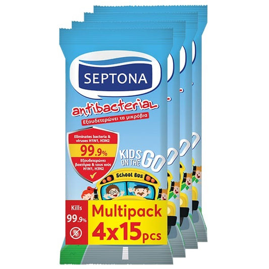 Septona Kids on the go Antibacterial Wipes 15 pcs | 4 Pack