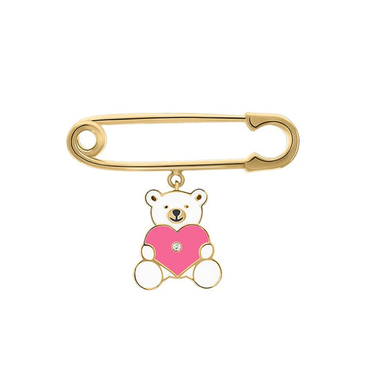 Pink Teddy Bear Diamond Baby Pin | Yellow Gold