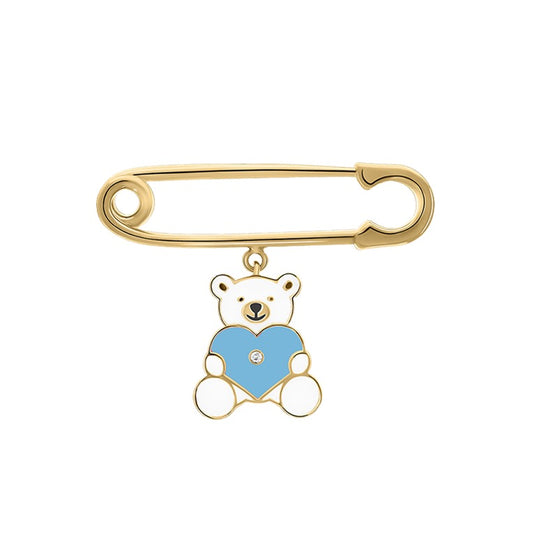 Blue Teddy Bear Diamond Baby Pin | Yellow Gold