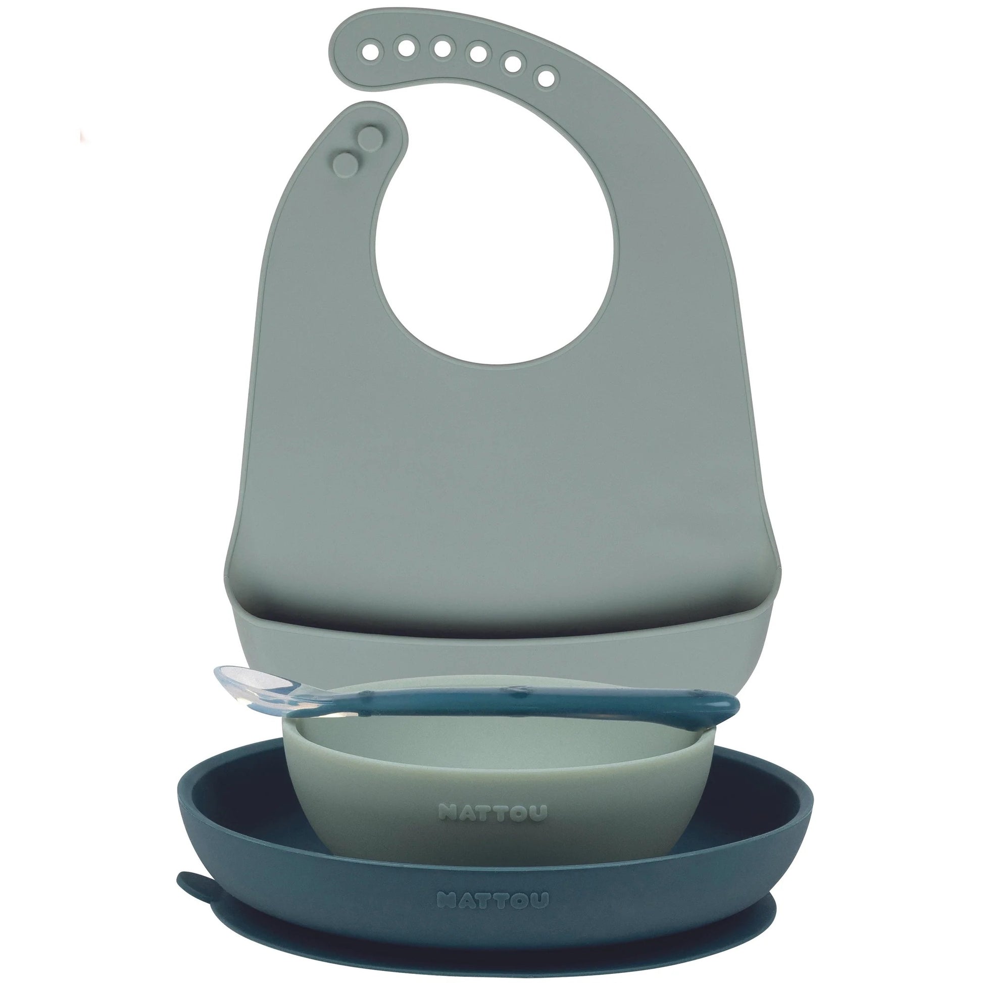 Nattou - Silicone Tableware Set with Bib | 4 pieces | Green Nattou - Silicone Tableware Set with Bib | 4 pieces | Green