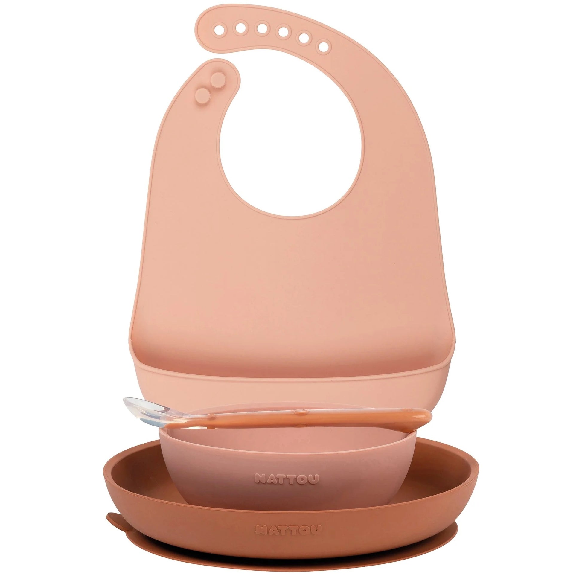 Nattou - Silicone Tableware Set with Bib | 4 pieces | Pink Nattou - Silicone Tableware Set with Bib | 4 pieces | Pink